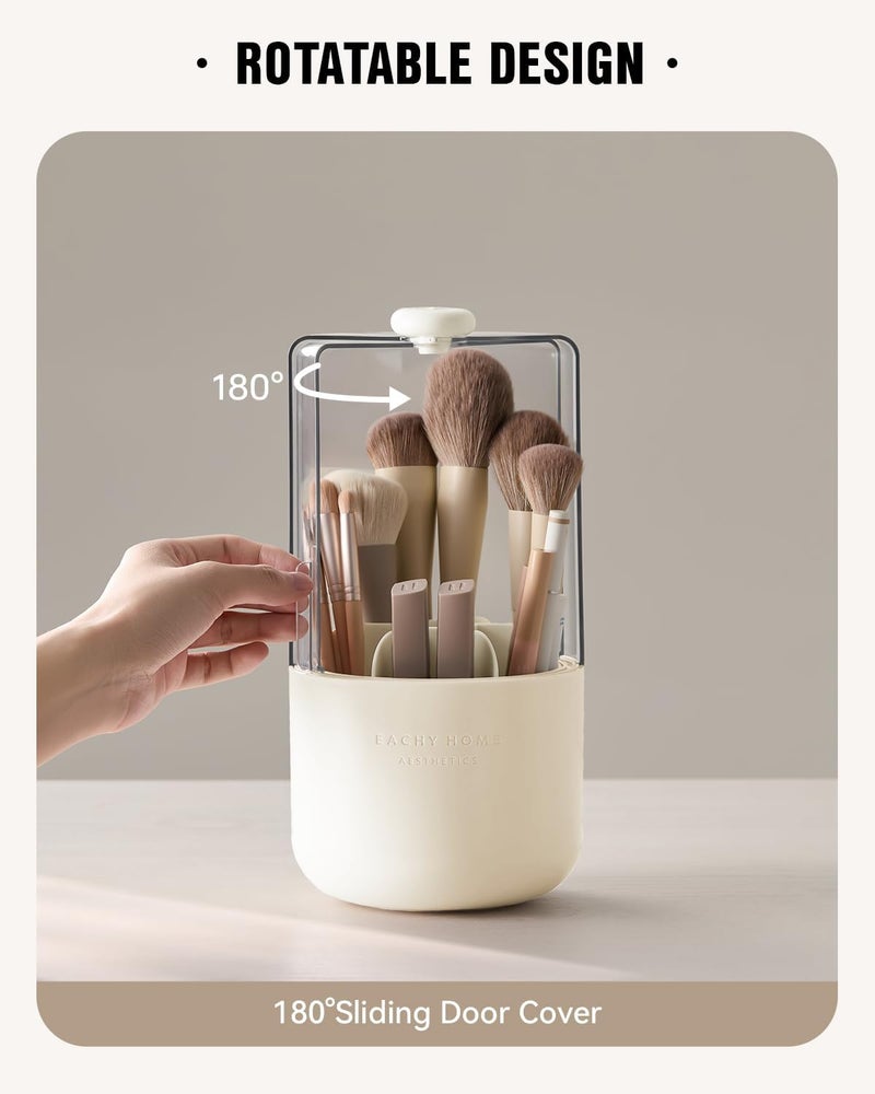 EACHY Makeup Brush Holder 360° Rotating with Dustproof Lid, Waterproof Material, 7 Compartments for Organized Storage, Stylish and Durable Design for Vanity (Beige) - Image 3